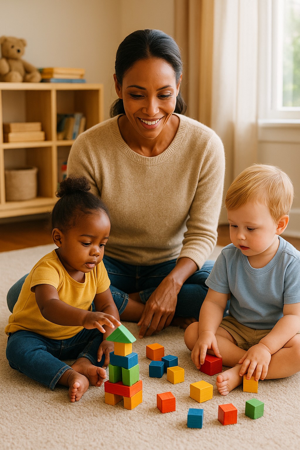 Home daycare provider with toddlers in a small fenced backyard